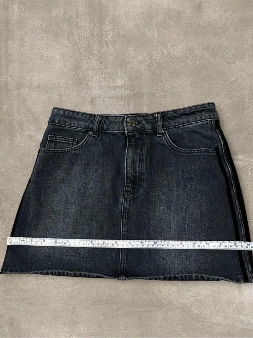 Zara TRF Black Denim Mini Skirt Size 28 Y2K Velvet Side Stripe
